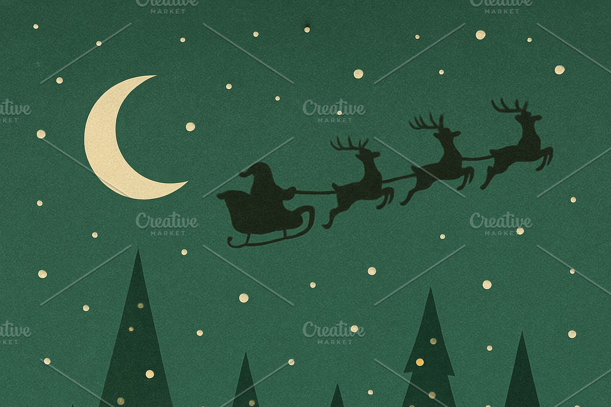 Santa on a sleigh flying over snowy, an Illustration by Dvoevnore photos