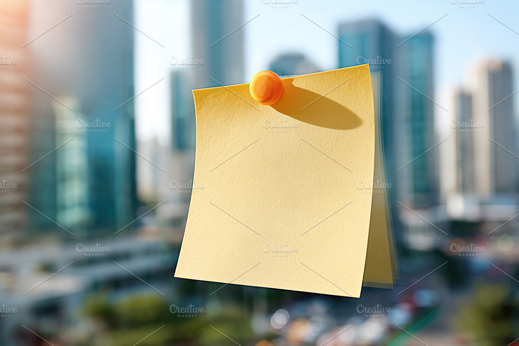 Oversized blank sticky note pinned against a cityscape backdrop with modern bui, a Photo by AlyaAnd