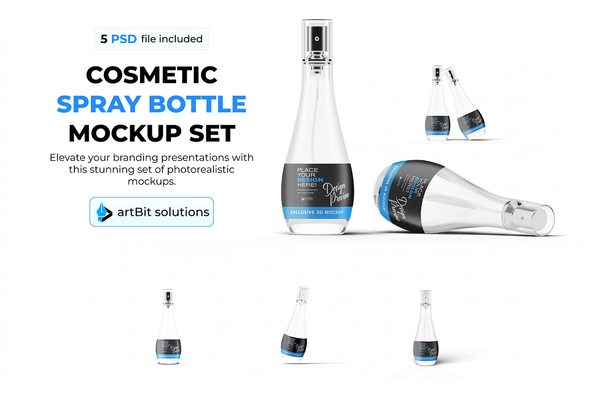 Glass Spray Bottle Perfume Mockup, a Packaging Mockup by artBit Design Studio (Photo 1 of 6)