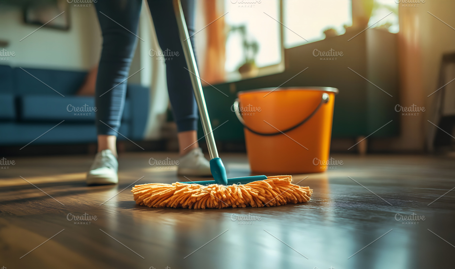 Woman mopping, wiping floor in home setting. Housewife uses mop, plastic bucket, a Business Photo by Lenor4ik