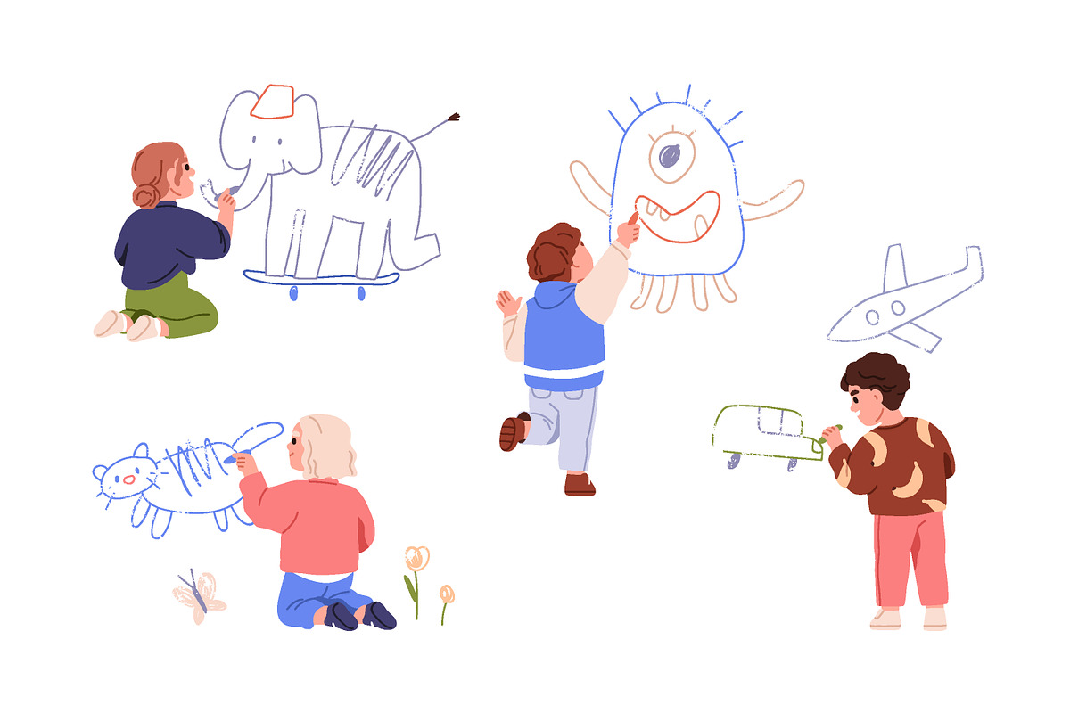 Cute kids drawing on wall set, a Person Illustration by Good Studio (Photo 6 of 8)