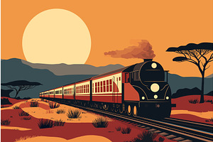 Retro train in the African landscape, a Transportation Illustration by Valerie Bodnar