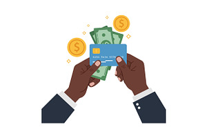 Hands holding cash and a credit card, an Illustration by designvectx