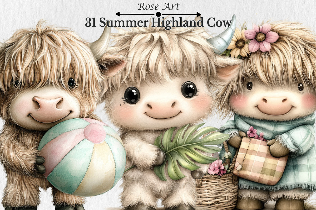 Watercolor Summer Highland Cow Clipa, a Seasonal Illustration by Rose Art (Photo 1 of 6)