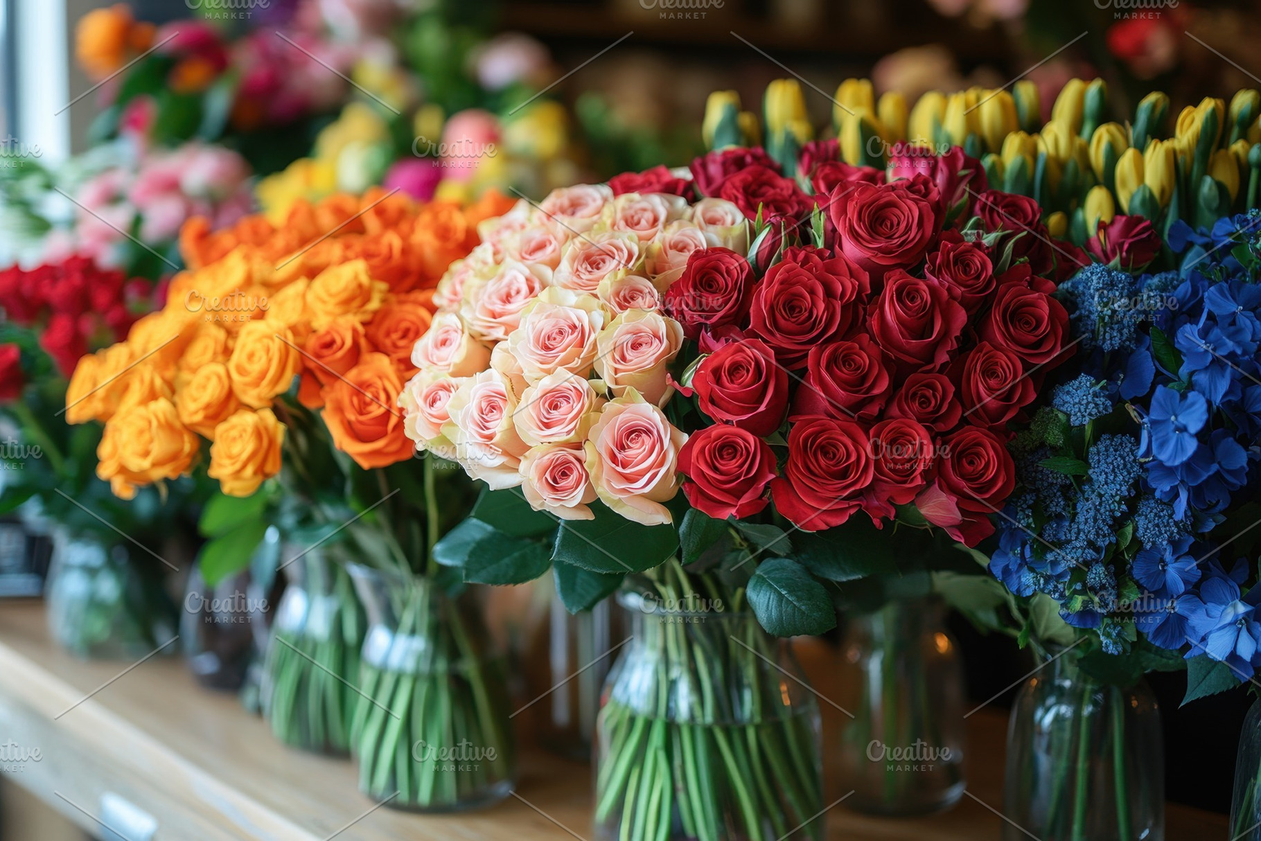 Colorful bouquet display at a floris, a Photo by Tanuart