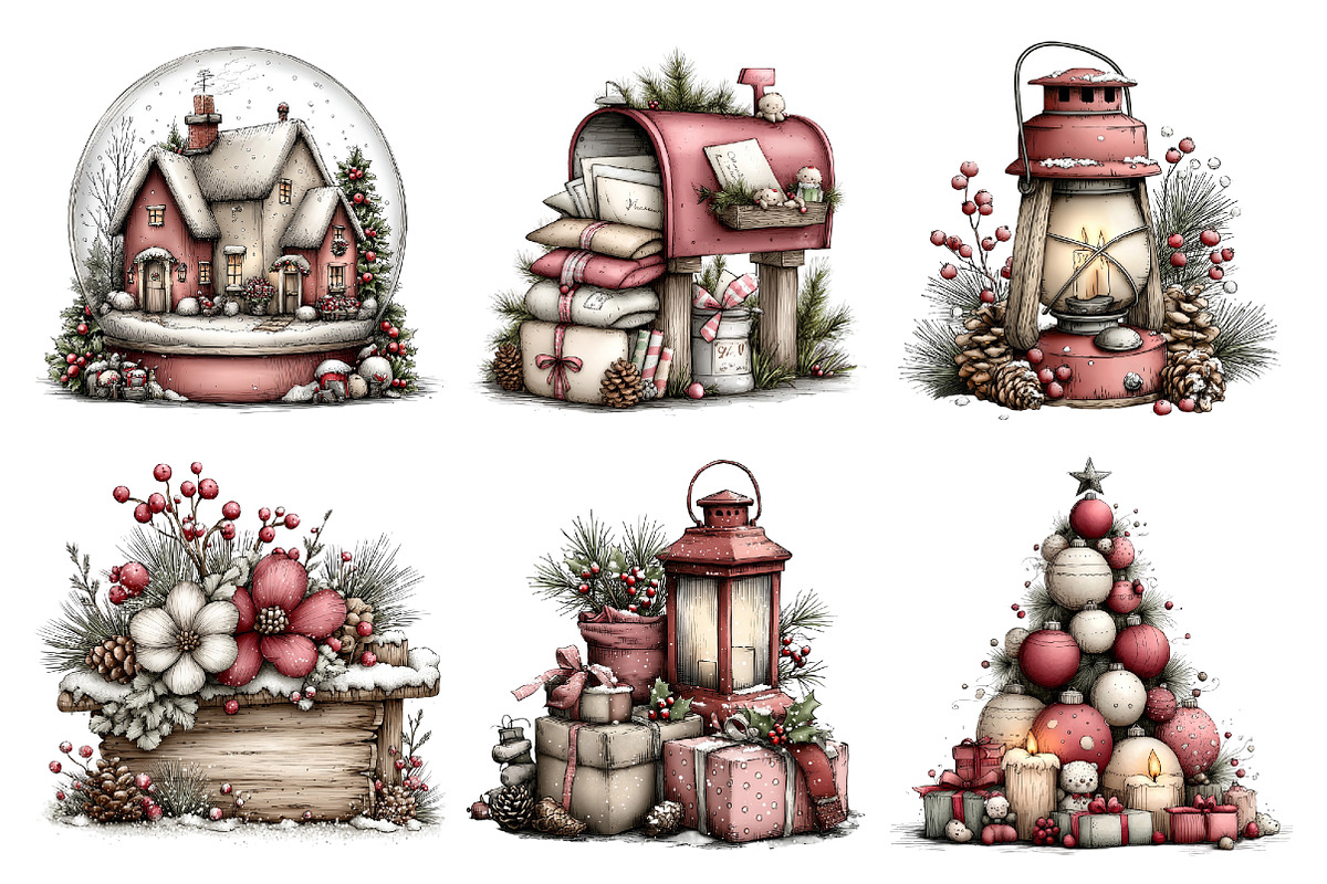 Watercolor Vintage Christmas Clipart, a Seasonal Illustration by Creative Art (Photo 5 of 7)