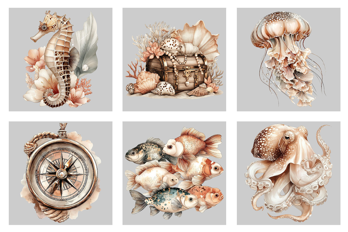 Watercolor Sea Set Clipart, an Illustration by Black Bird Studio (Photo 3 of 5)