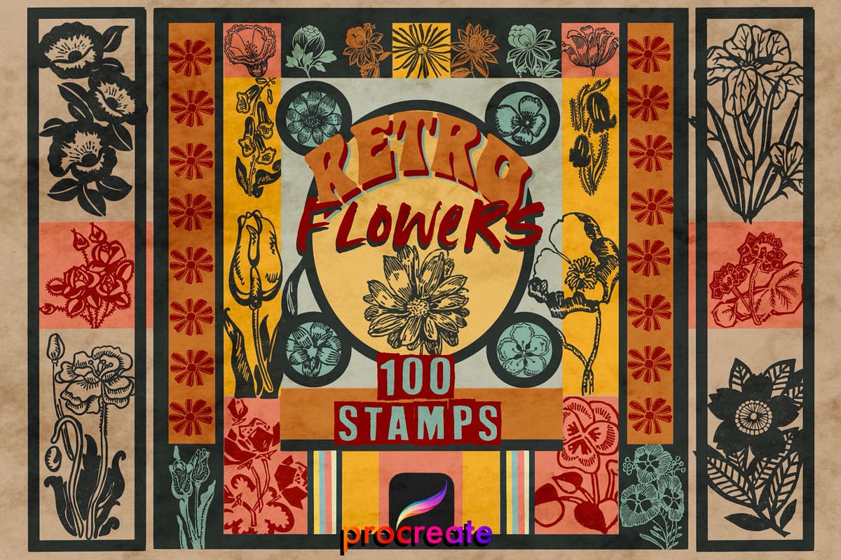 Retro style flower stamps Procreate, a Brush Add-On by TheWhiteCatLab (Photo 1 of 5)