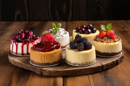 Different pieces of cheesecake with fresh berries on wooden table, a Food & Drink Photo by AlyaAnd