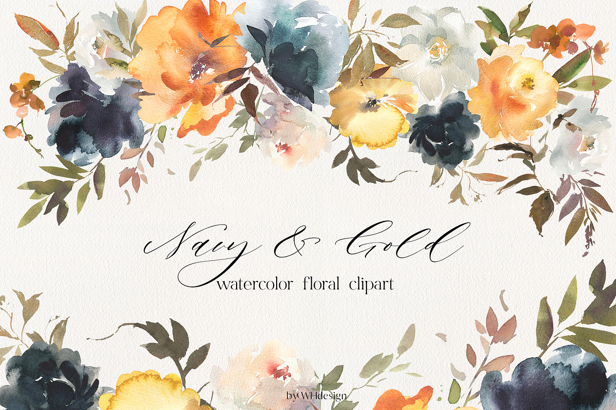 Navy Gold Yellow Watercolor Flowers, a Decorative Illustration by whiteheartdesign (Photo 1 of 6)