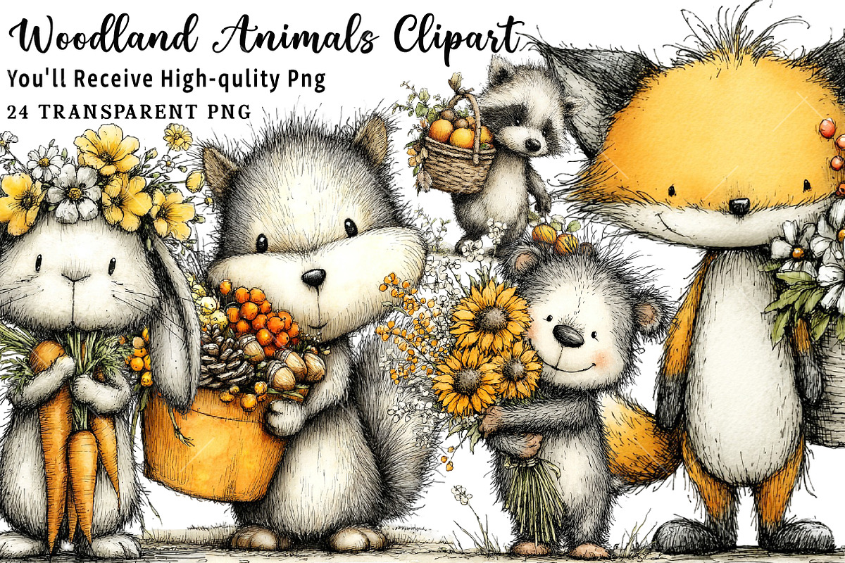 Cute Woodland Animals Clipart, a Seasonal Illustration by OK Design (Photo 1 of 6)