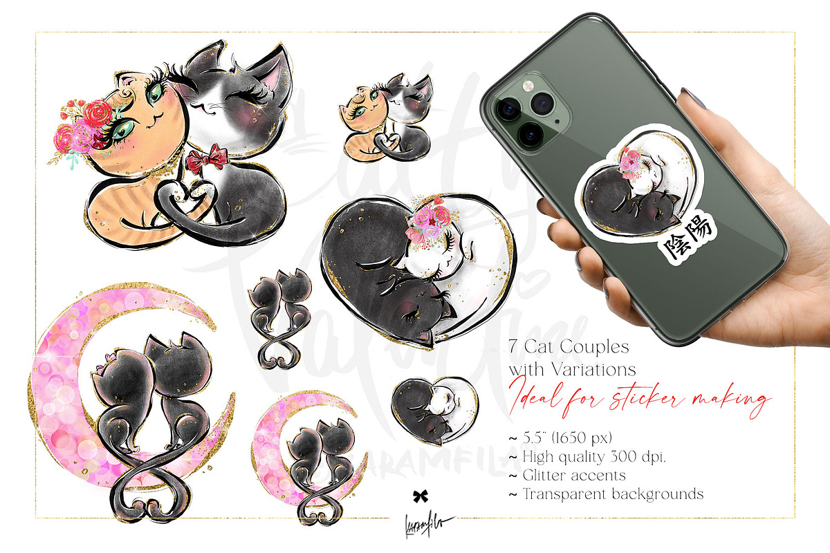 Valentine Cats Glitter Clipart PNG, an Animal Illustration by KaramfilaS (Photo 2 of 14)