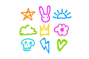 Colorful graffiti street art icons, an Illustration by pikepicture