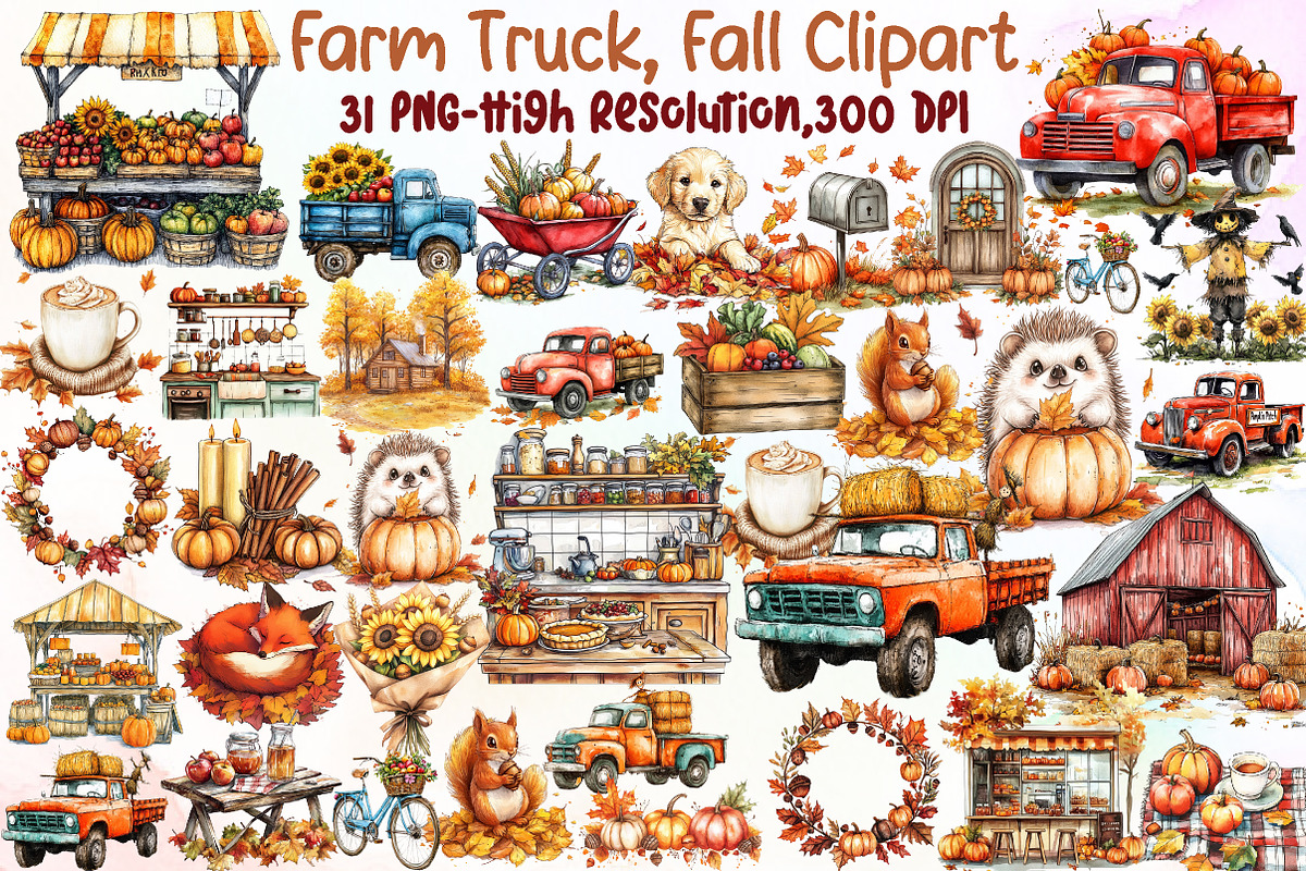 Watercolor Farm Truck, Fall Clipart, an Illustration by Sublimation Artist (Photo 1 of 6)