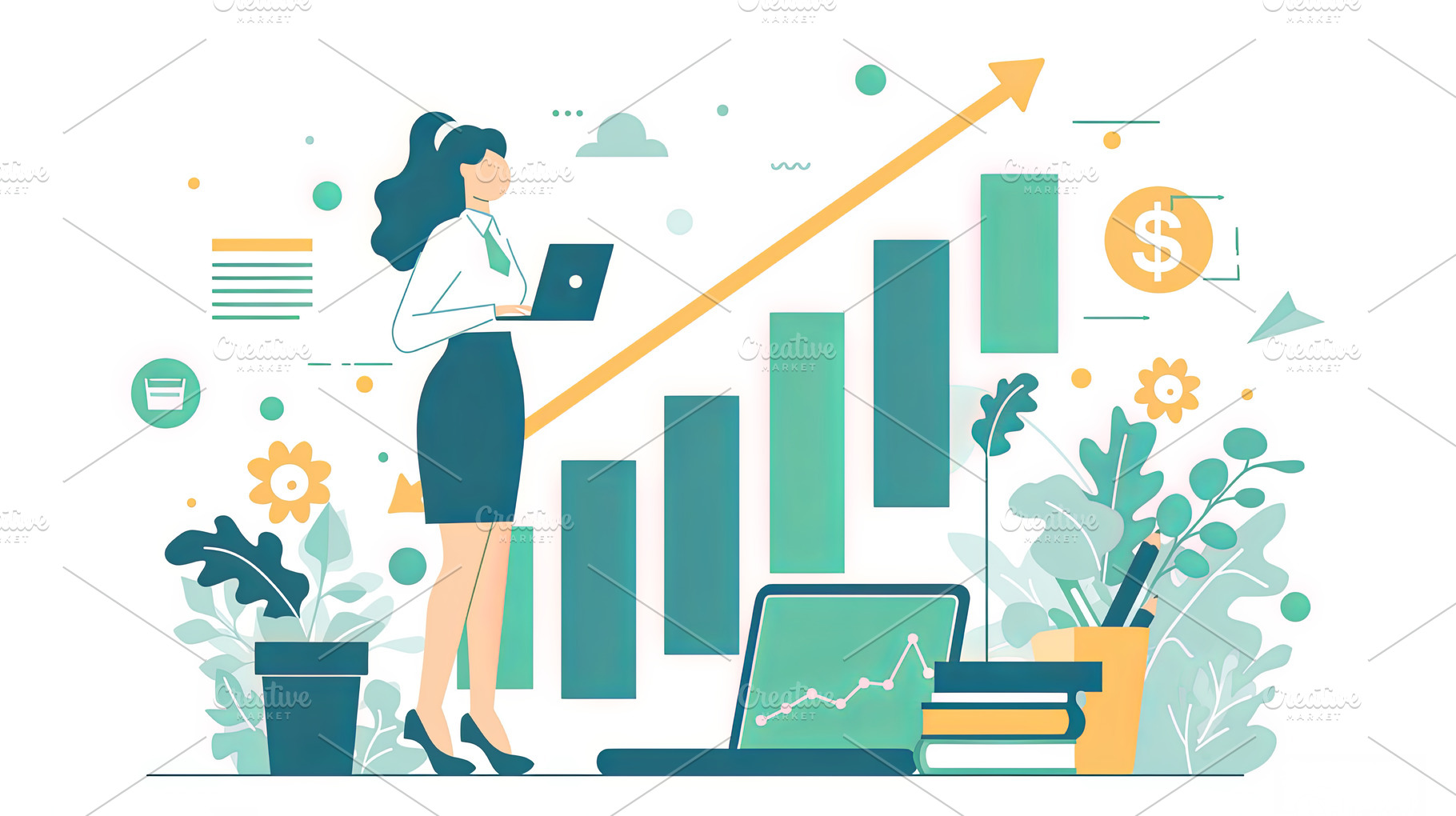 Businesswoman analyzing data with an illustration of a rising chart and plants, a Photo by AS photostudio