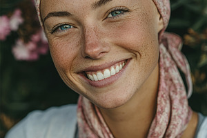 Smiling young woman with pink headscarf in garden, a Person Photo by José Manuel Gelpi