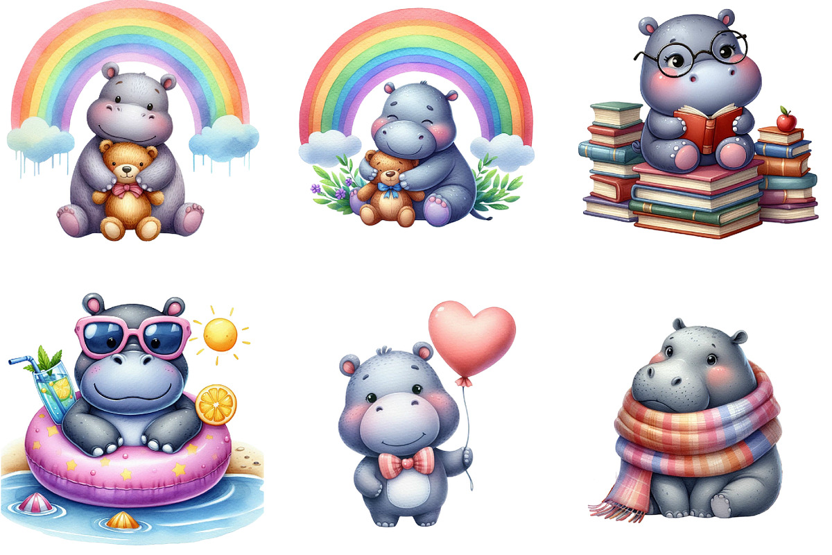 Watercolor Cute Hippo Clipart, an Illustration by DreamArtGraphic (Photo 4 of 5)