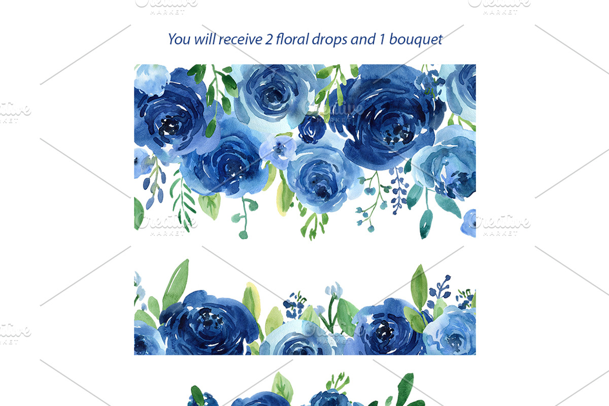 Blue Watercolor Roses Flowers Leaves, an Illustration by GraphicsDish (Photo 3 of 3)