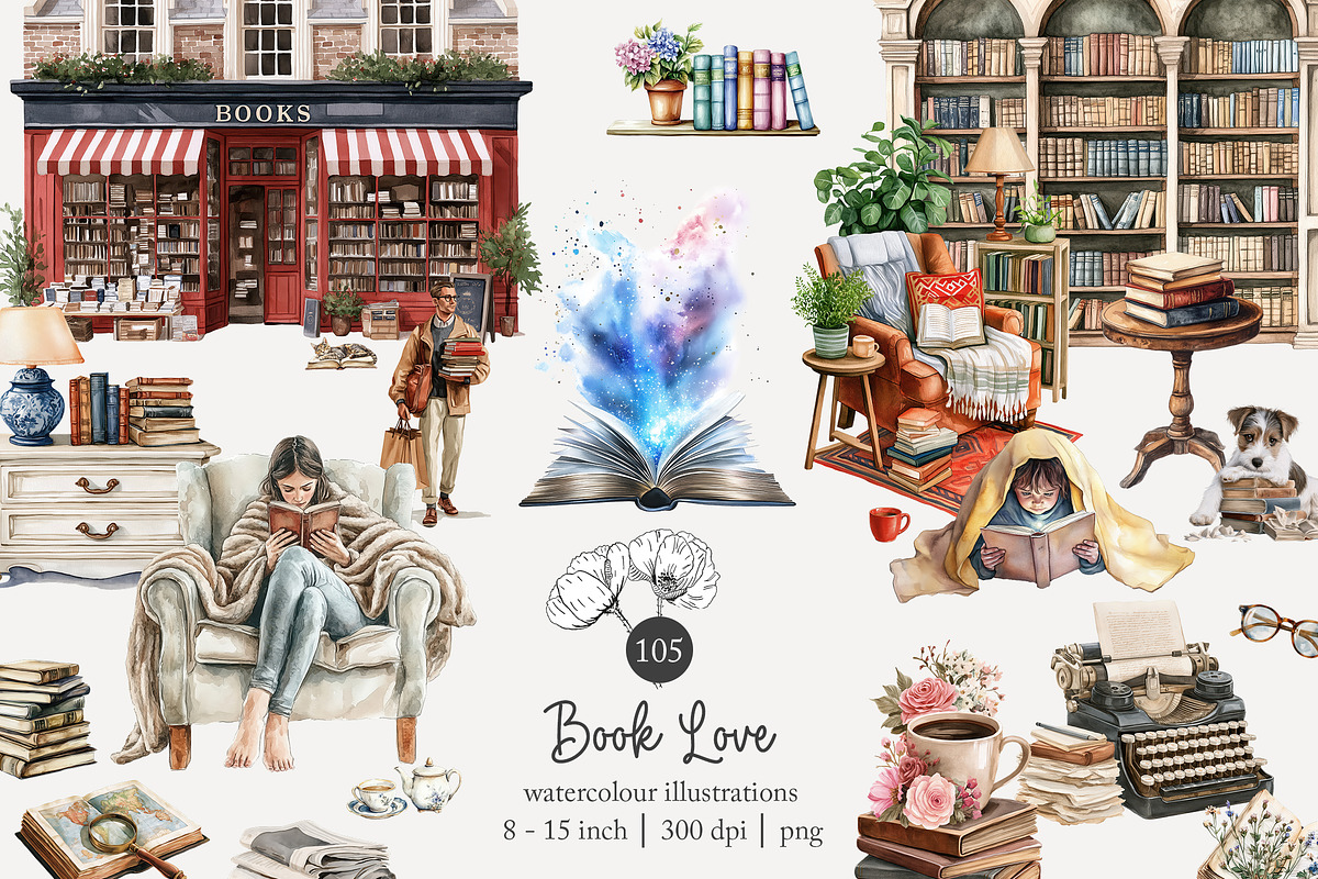 105 book lover clip art, an Object Illustration by Poppy Lane Studio (Photo 1 of 12)