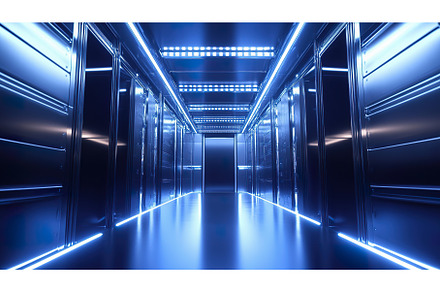 Futuristic blue data center corridor, a Technology Photo by Lermont51
