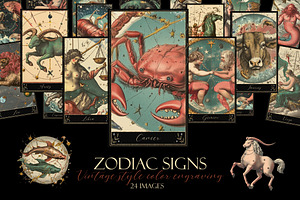Zodiac signs. Vintage engraving