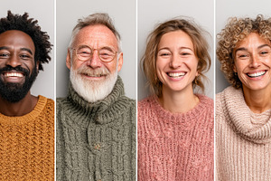 Collage of joyful individuals in cozy sweaters showcasing diverse and positive, a Photo by AS photostudio