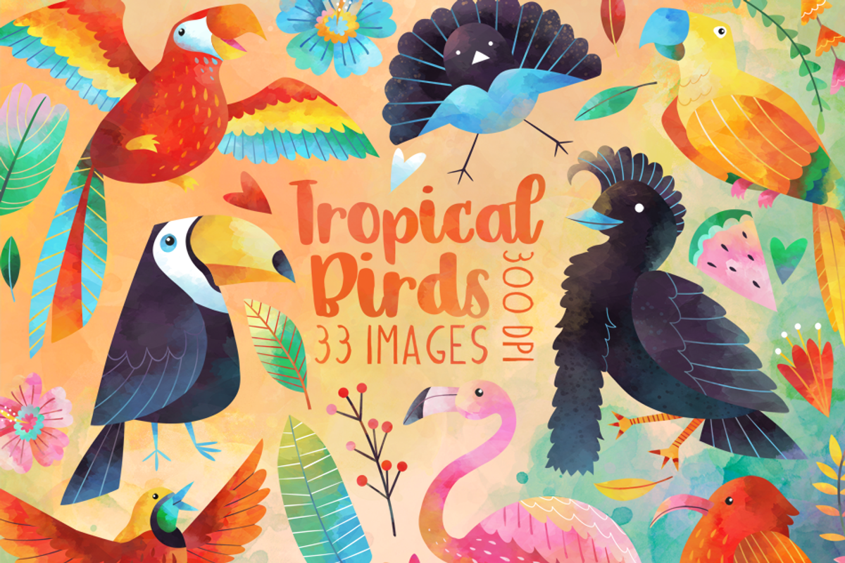 Watercolor Tropical Birds Clipart, an Illustration by DigitalArtsi (Photo 1 of 4)