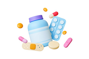 Medical 3d scene with patch, pills, an Object Illustration by Valerie Bodnar