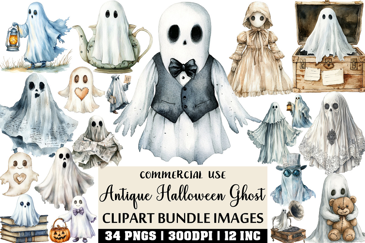 Antique Halloween Ghost Clipart, an Illustration by Craft Nest (Photo 1 of 6)