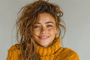 Smiling young woman with tousled brown hair and freckles wearing, a Person Photo by José Manuel Gelpi