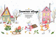 Snowmen Village Watercolor Clipart, an Illustration by Anna Druzhkova (Thumbnail 1 of 20)
