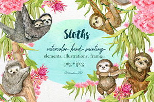 Sloth. Watercolor Clipart.