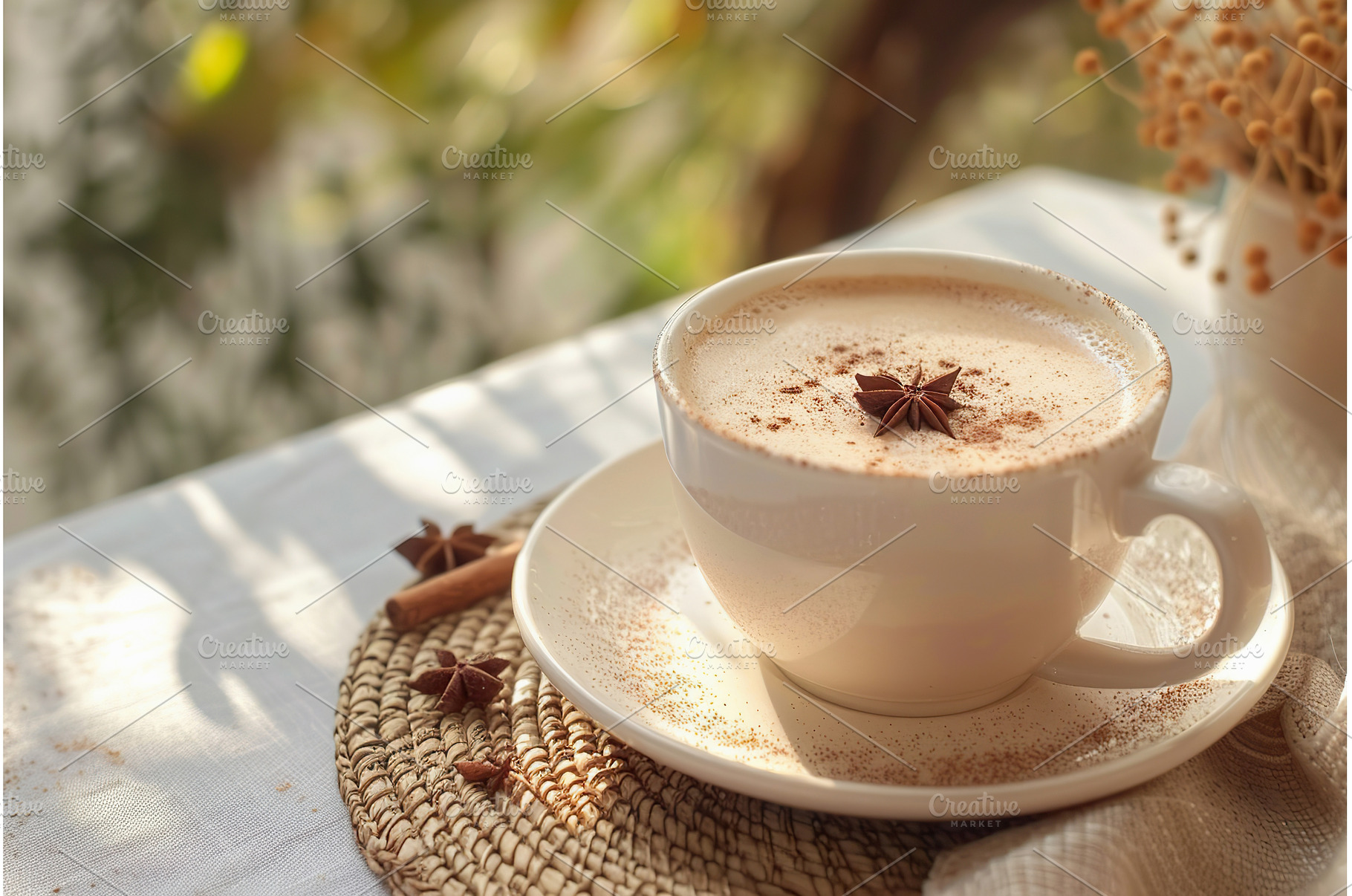Chai latte served on a table with a, a Food & Drink Photo by Lermont51