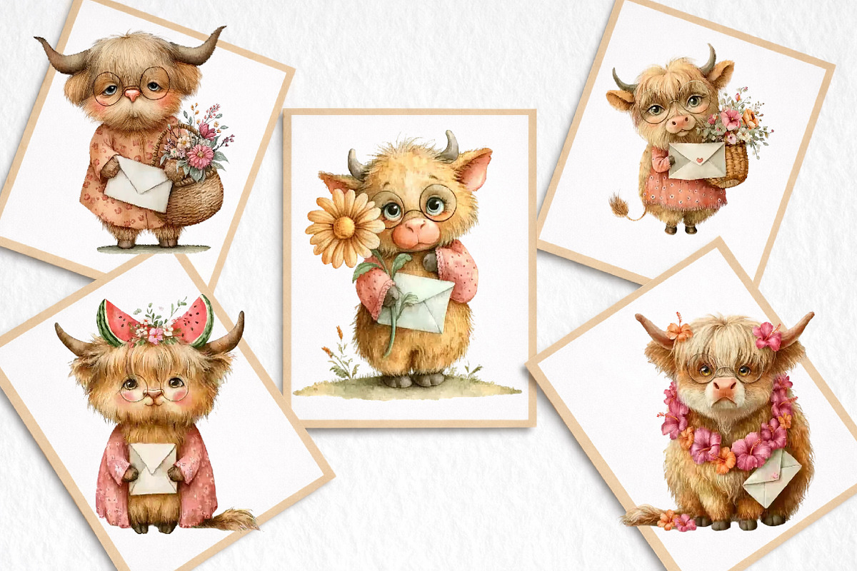 Watercolor Summer Highland Cow Clipa, an Illustration by DreamArtGraphic (Photo 7 of 8)