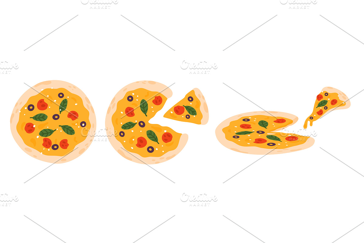 Whole and slice pizzas with salami, a Food Illustration by Vectorbuum