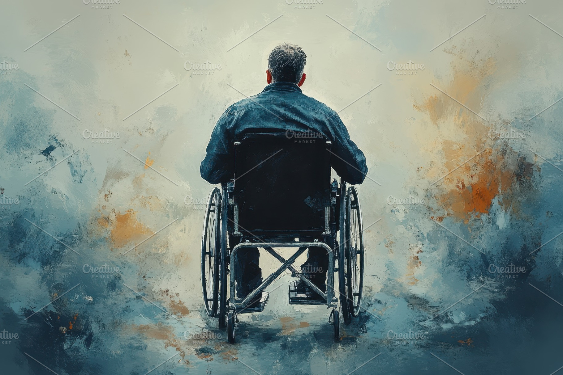 Man in wheelchair facing an abstract, a Photo by Tanuart