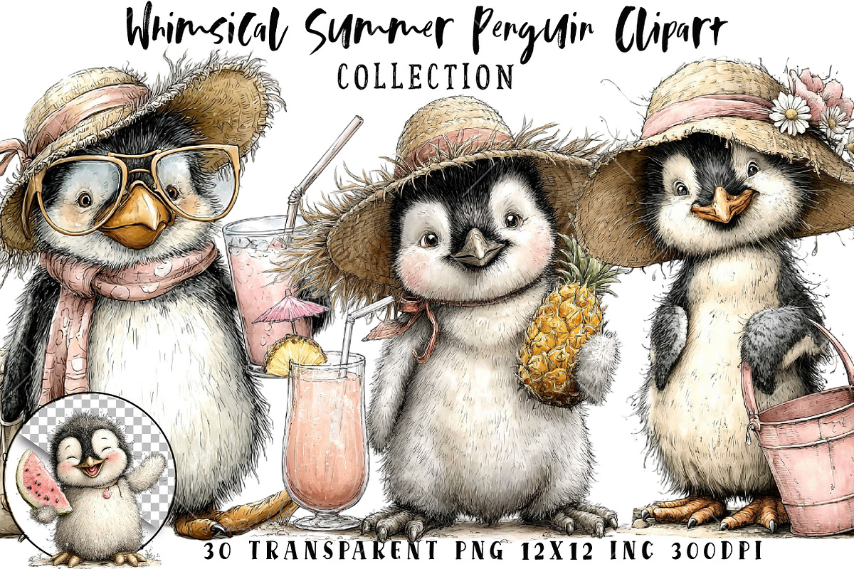 Whimsical Summer Penguin Clipart, an Illustration by OK Design (Photo 1 of 6)