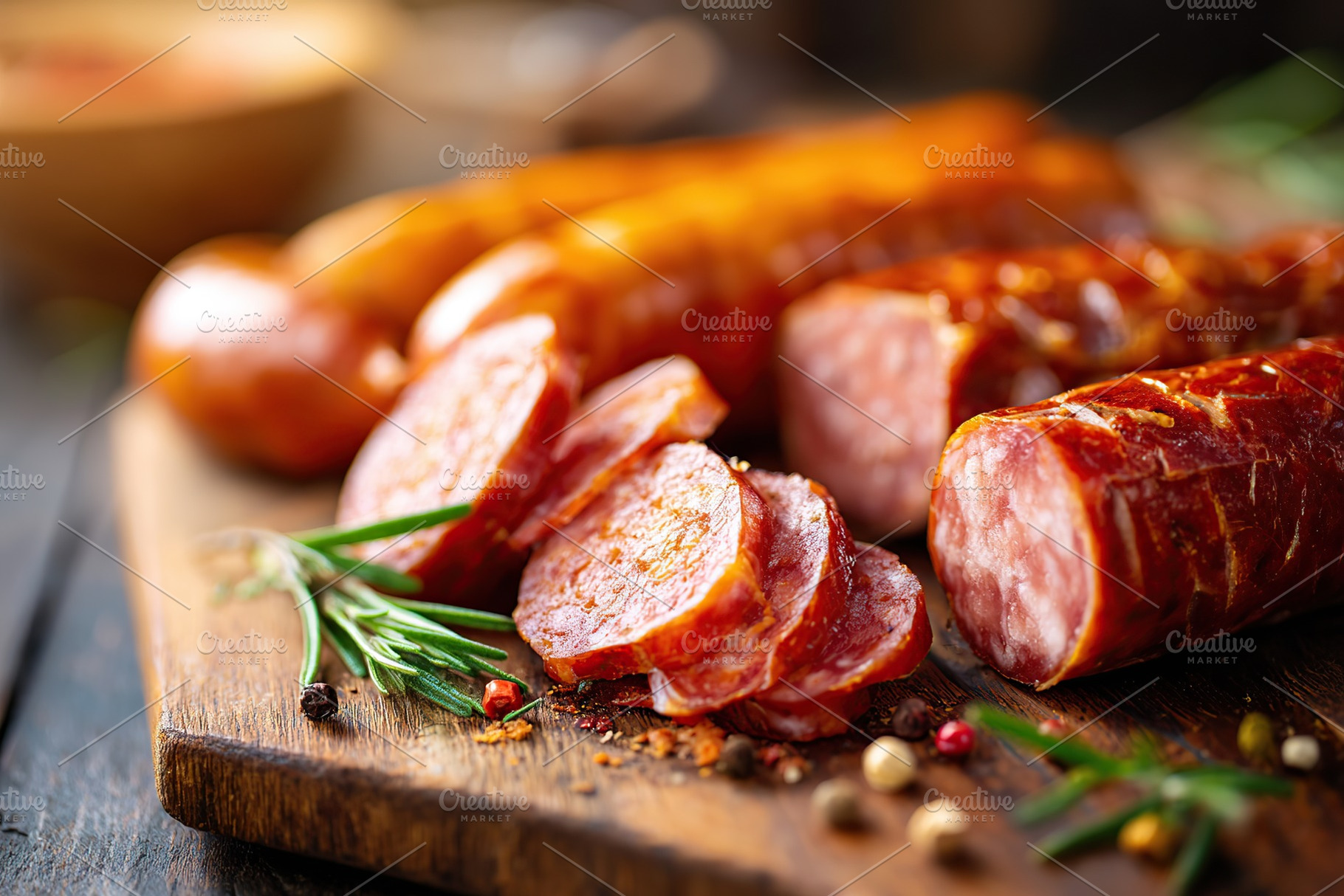 Variety of smoked meats arranged on a wooden cutting board with spices and herb, a Photo by AlyaAnd