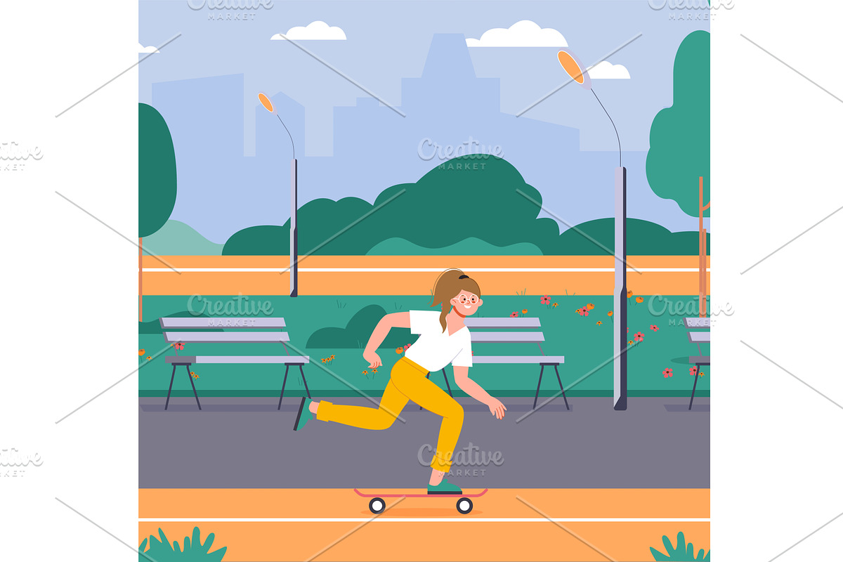 Girl on skate in city park. Summer, a Sport Illustration by LadadikArt