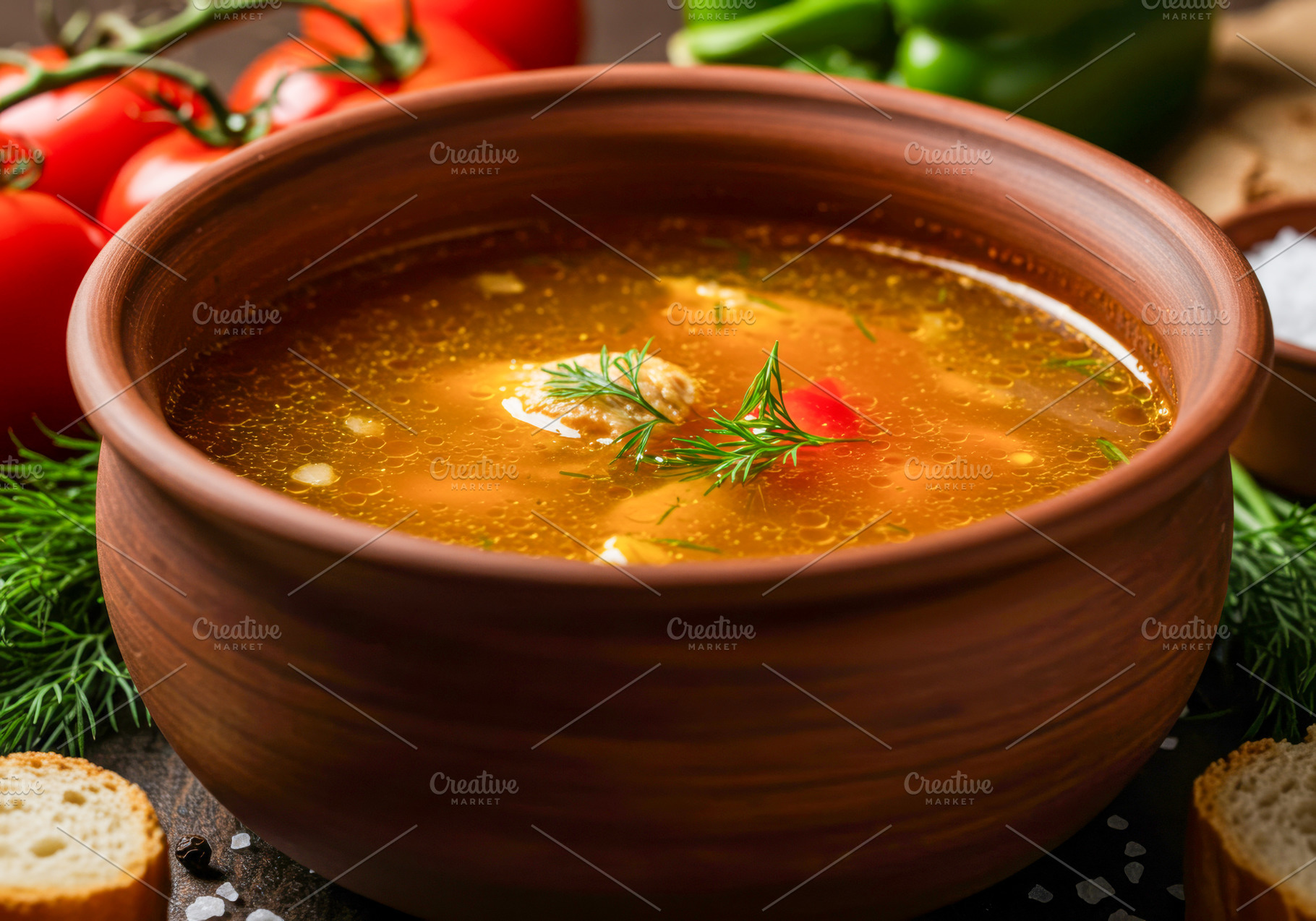 Chicken broth served in a clay bowl, a Food & Drink Photo by professorinc