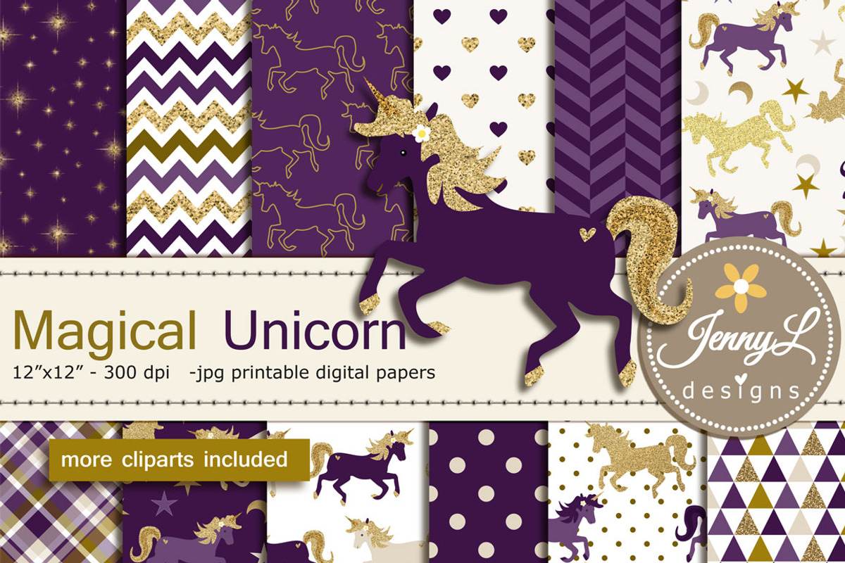 Unicorn Digital Papers & Clipart, a Pattern Graphic by JennyL Designs (Photo 1 of 6)