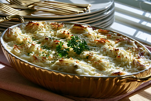 Shepherd's pie with a golden potato crust and fresh parsley, served in a decora, a Photo by Studio ANNA
