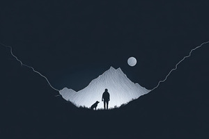 Man stands with dog near mountain, a Photo by Beautiful things