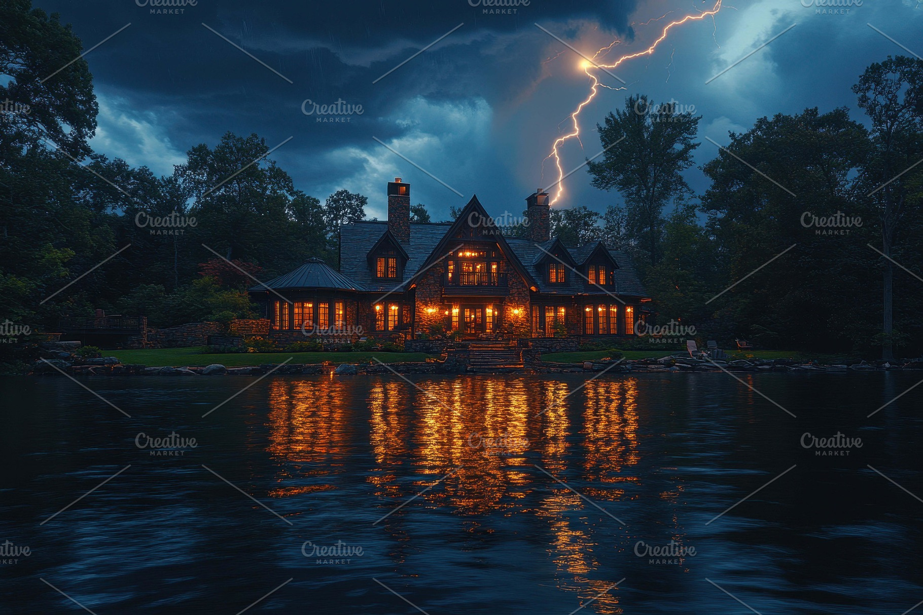 Lightning strikes over a lakeside ca, a Photo by Tanuart