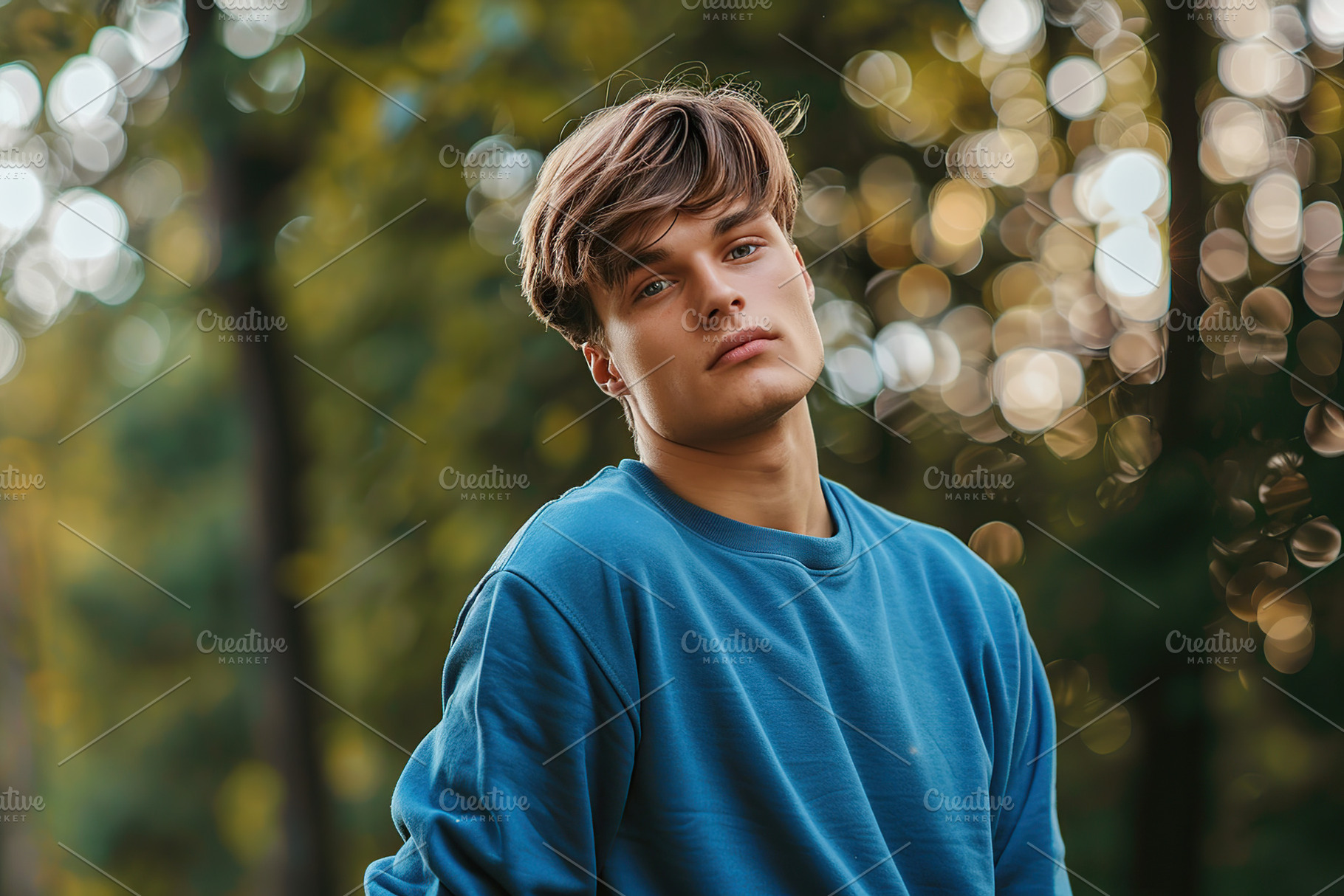 Young attractive man in blue sweatshirt on summer park backgroun, a Person Photo by AlyaAnd