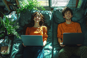 Happy couple working on laptops in a cozy plant-filled loft apartment, an Illustration by AS photostudio