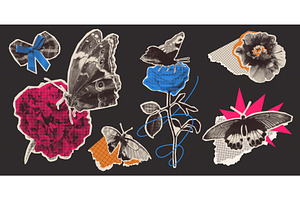 Halftone butterfly and flowers set, an Object Illustration by art PVP - market
