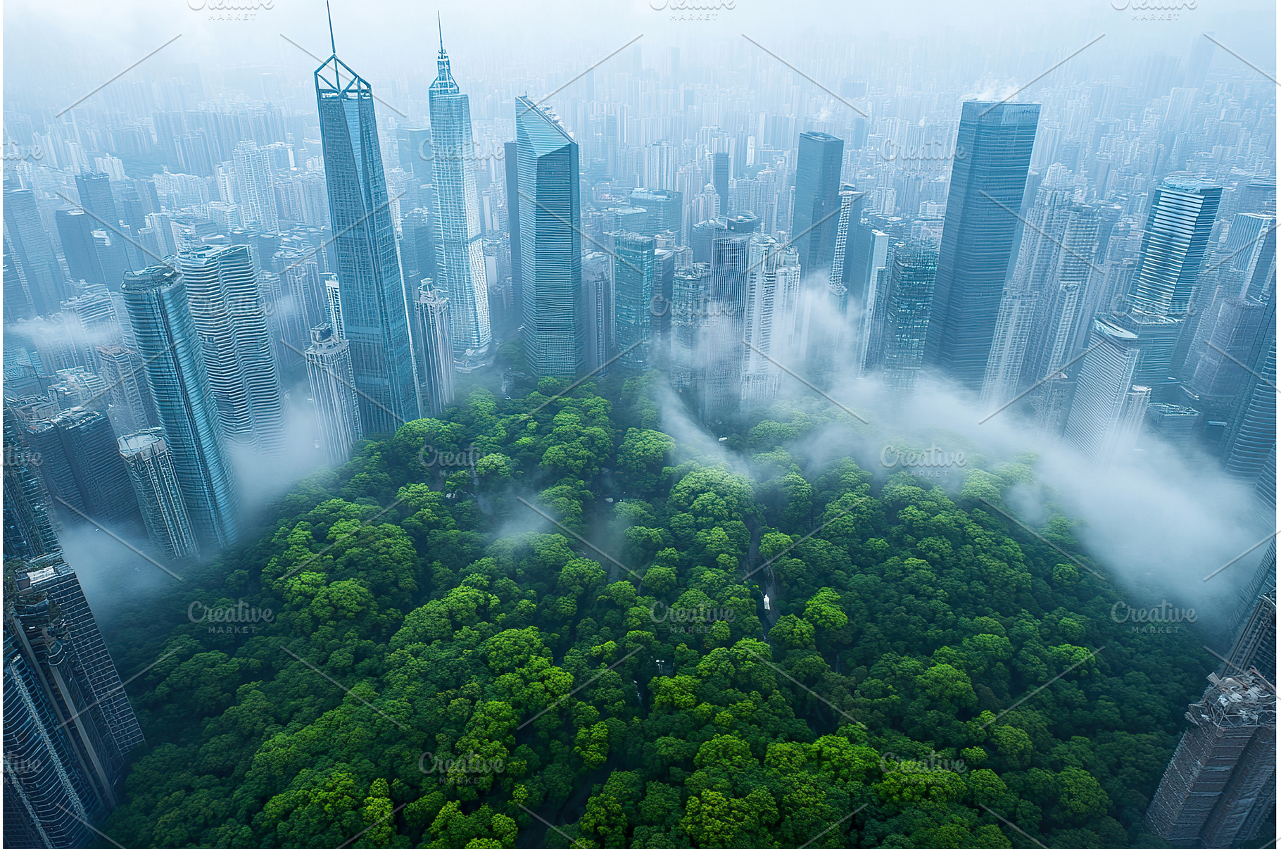 Skyscrapers towering above lush, an Architecture Photo by Lermont51