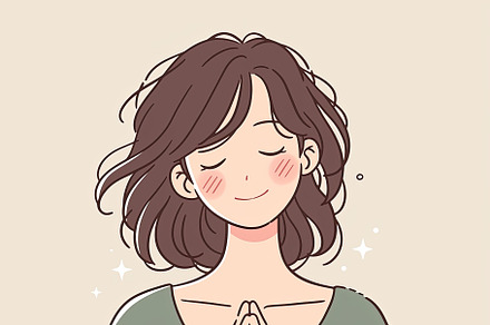 Calm woman with gratitude expression making a prayer gesture, serene concept, an Illustration by AS photostudio