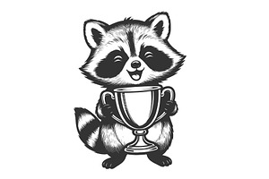 Raccoon Holding Trophy Cup engraving, an Animal Illustration by AlexArt